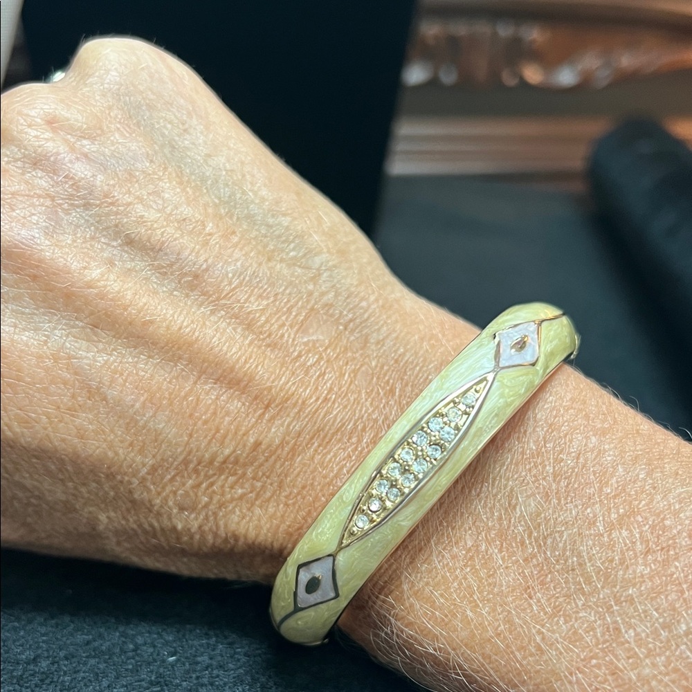 Enamel Cream and Gold Bangle with Mother of Pearl and Crystal accents